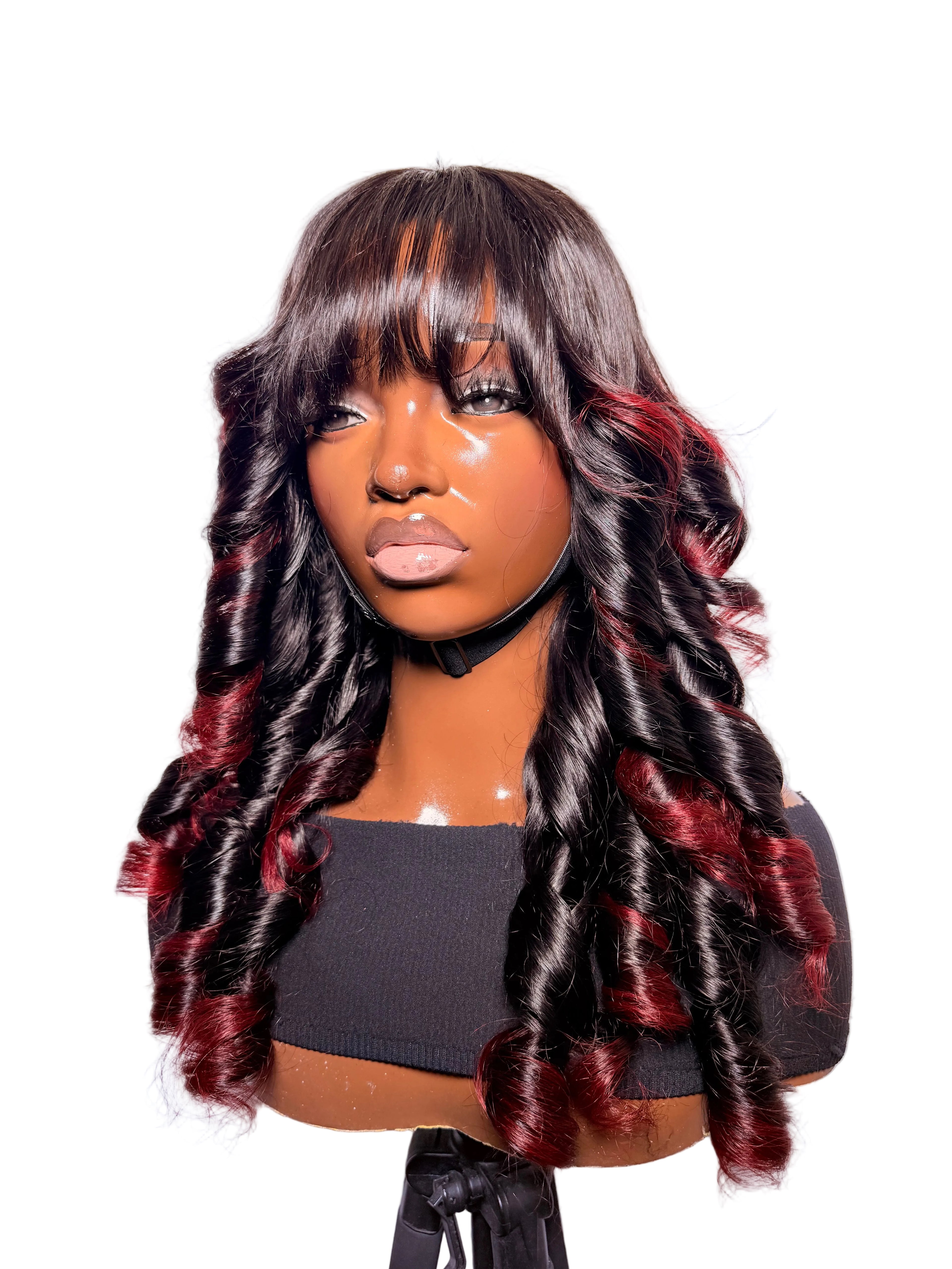 20” fringe layered bouncy. Burgundy ombre. 250 density