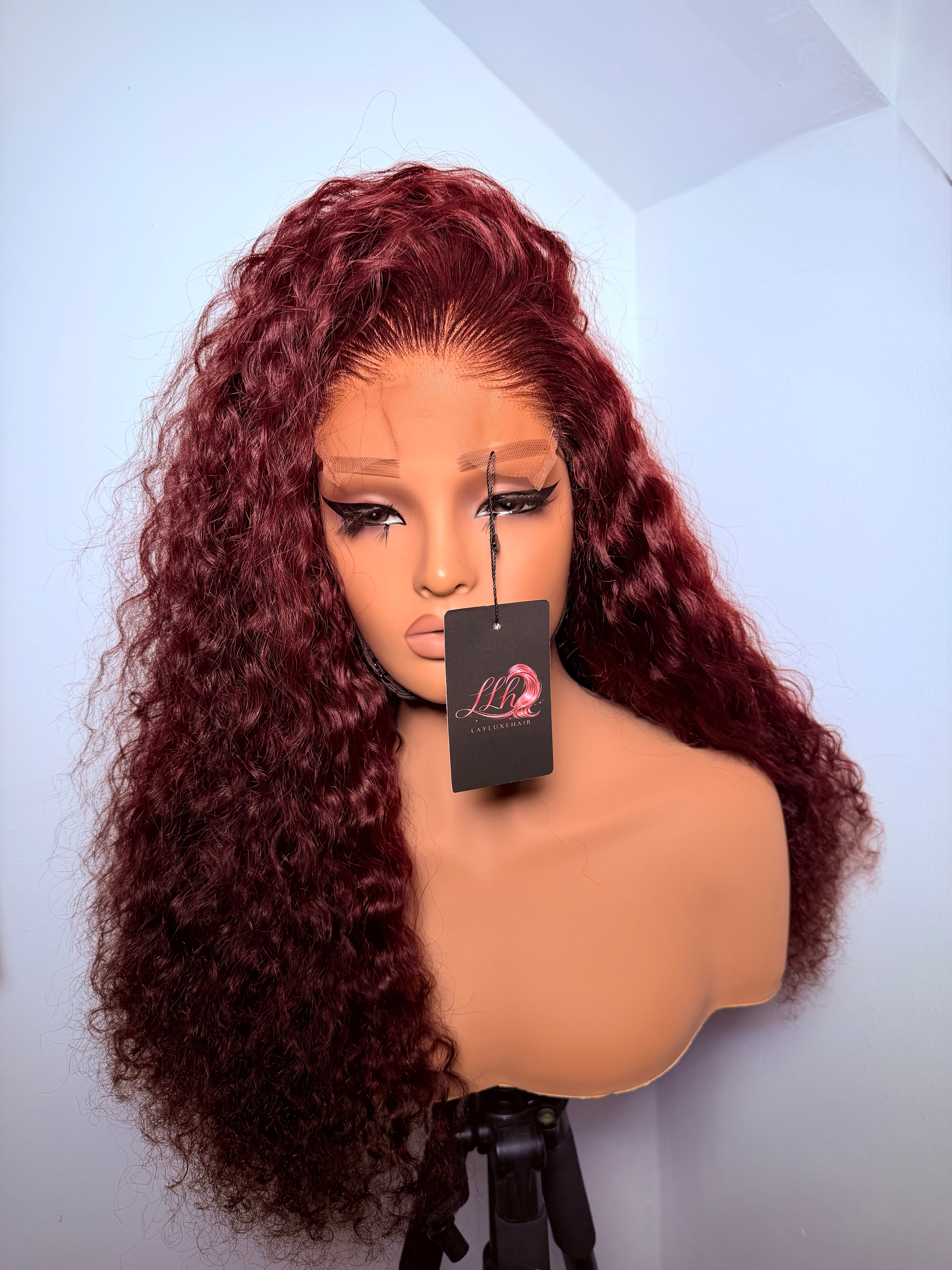 20” 5x5 free part burgundy pixie curls