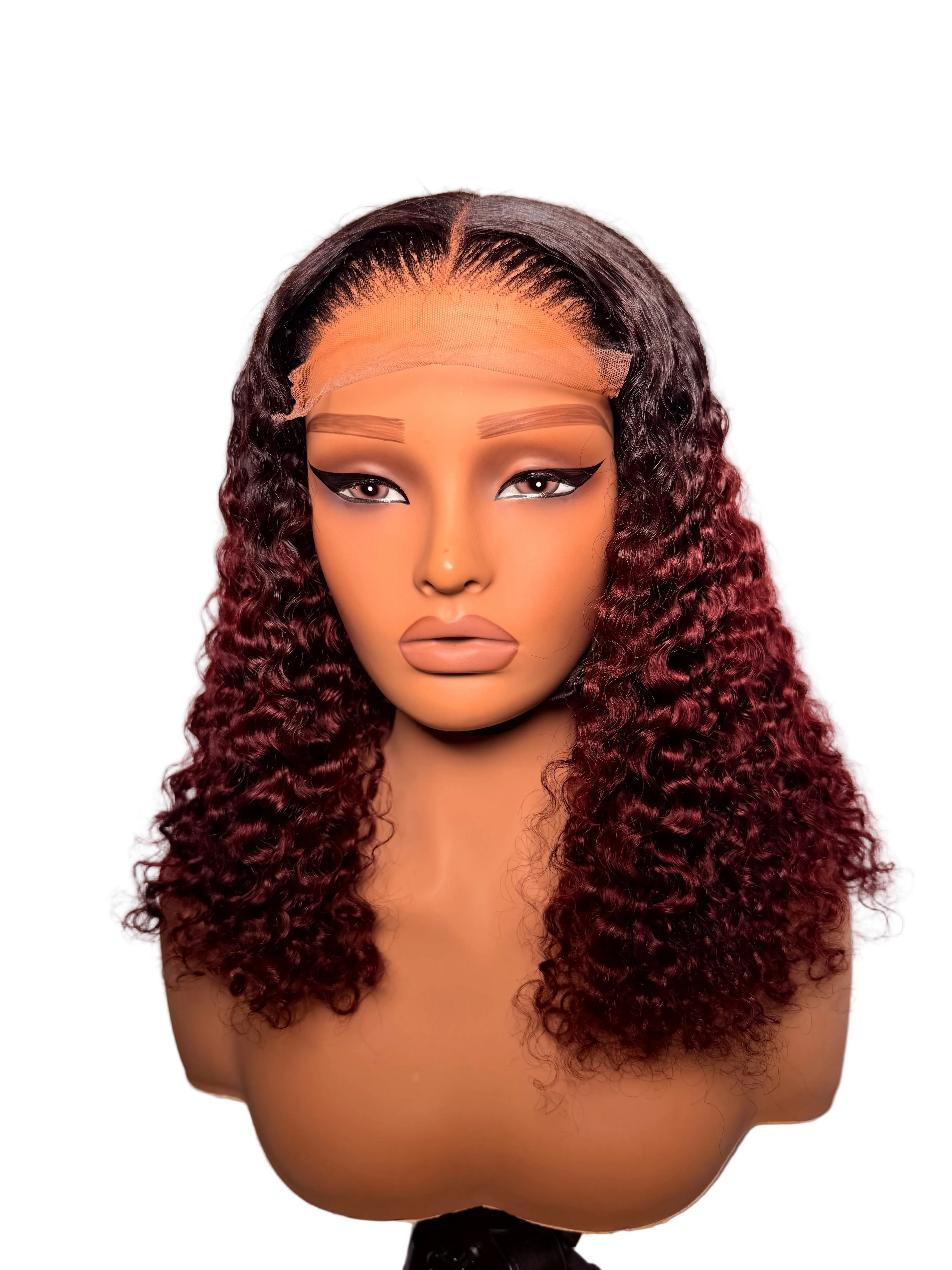 “ Discounted”                                 18” 5x5 lace front dark root burgundy pixie curls -300 density (read description)