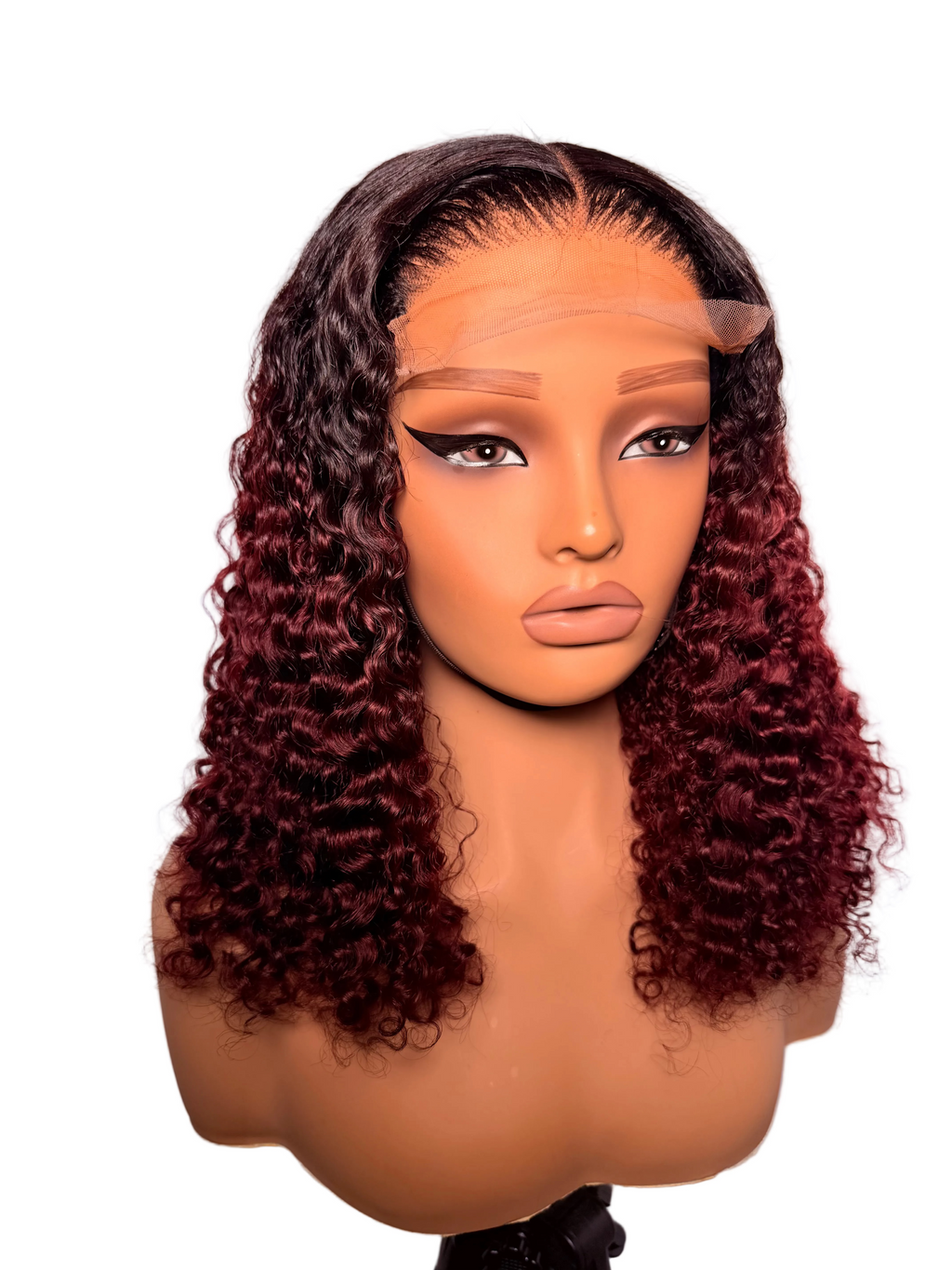 “ Discounted”                                 18” 5x5 lace front dark root burgundy pixie curls -300 density (read description)